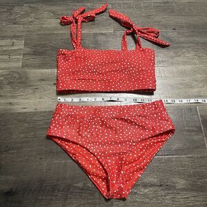 Women’s Two Piece Swim Suit Bandeau Top High Rise Bottoms Small Red White Polka
